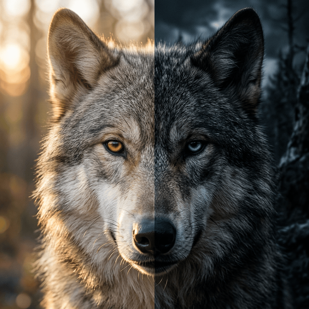 Close-up wolf portrait split between warm light and cool shadow